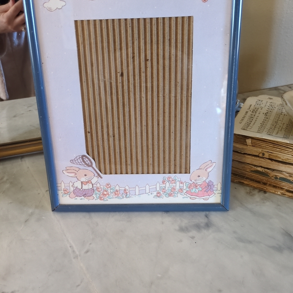 Vintage Rabbit Picture Frame- Nursery, Easter- Blue Frame
